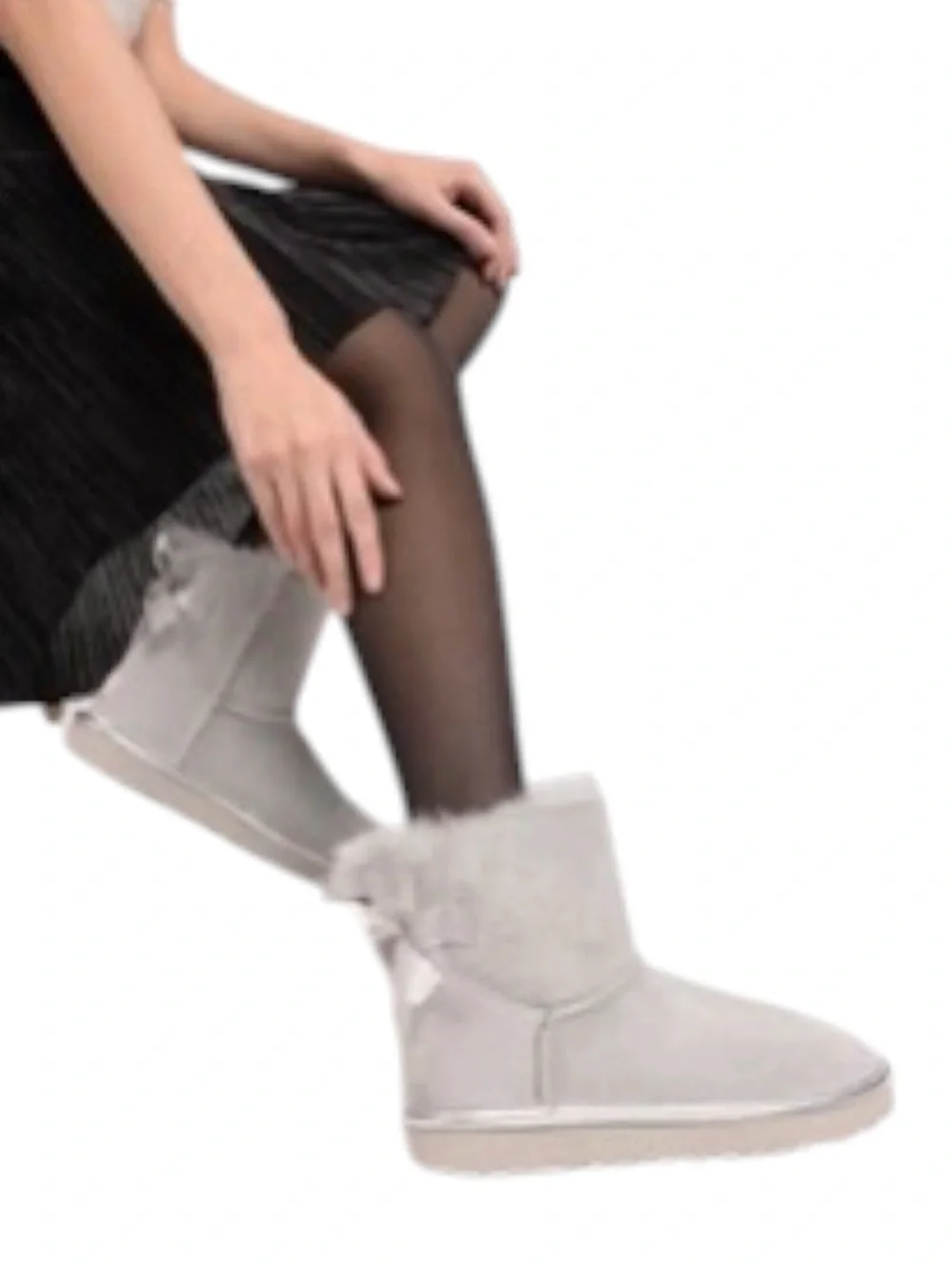 UGG Mini Bailey Light Gray Satin Bow Shearling Boots - 7